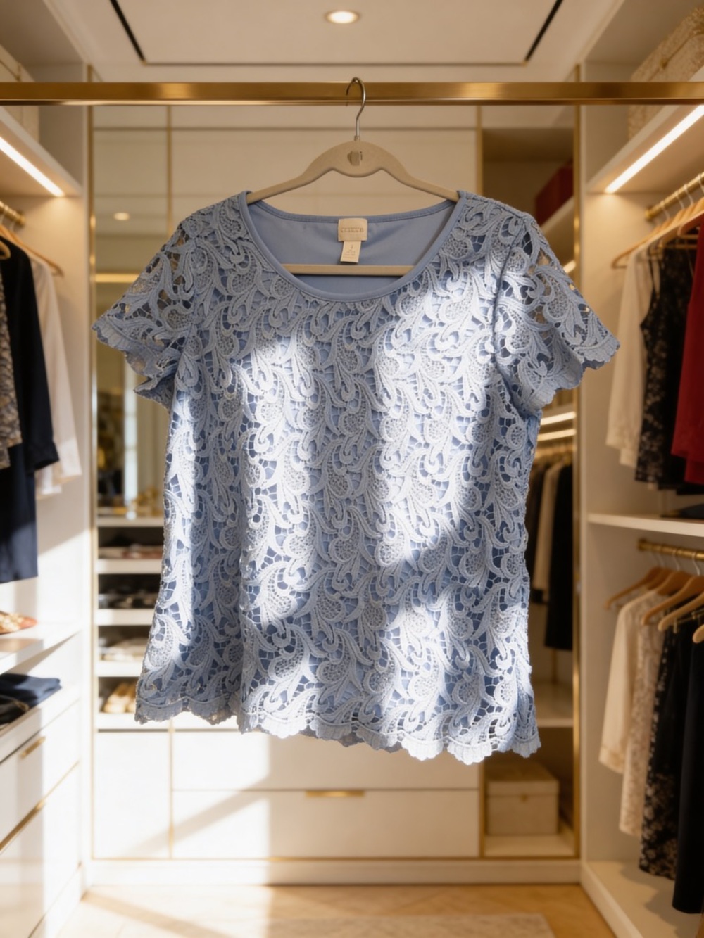 Chico's Light Blue Lace Short-Sleeve Scoop Neck Top